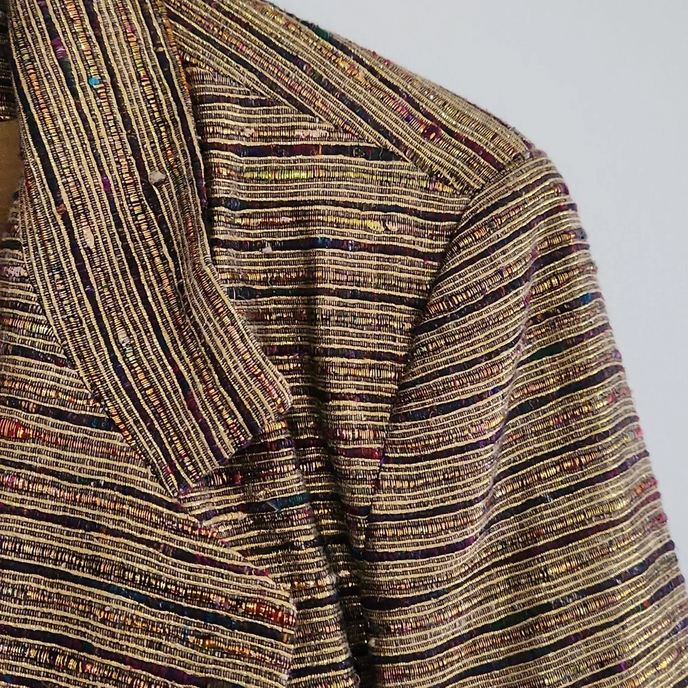 Vintage Gold Striped Vinci 100% Silk Blazer Jacket 12 metallic shiny sport coat - Picture 2 of 5